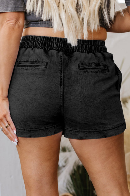 Dusk Blue Drawstring High Waist Pocketed Denim Shorts