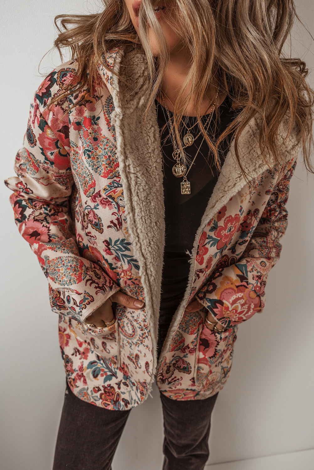 Warm Hooded Overshirt Jacket | Floral Print | For WOMEN