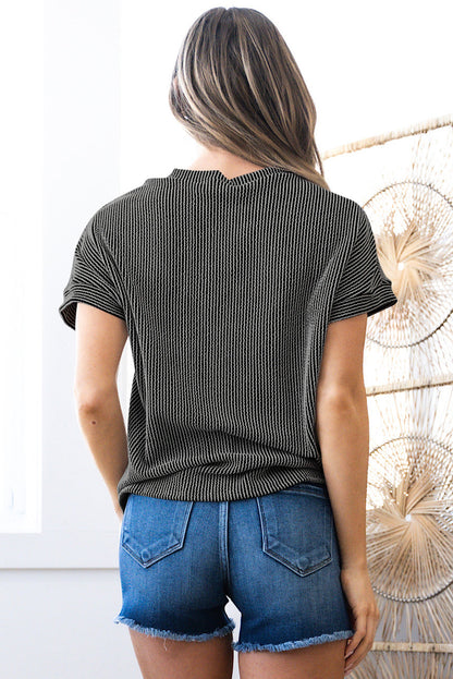 Pink Corded Knit Color Block Pocketed Crew Neck T Shirt