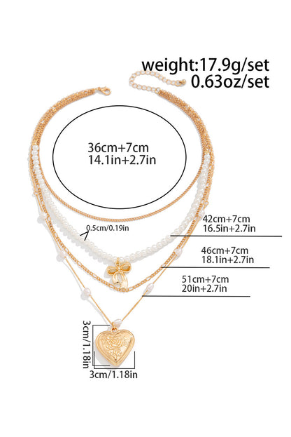 Multi-layer necklace with gold heart pendant and pearls